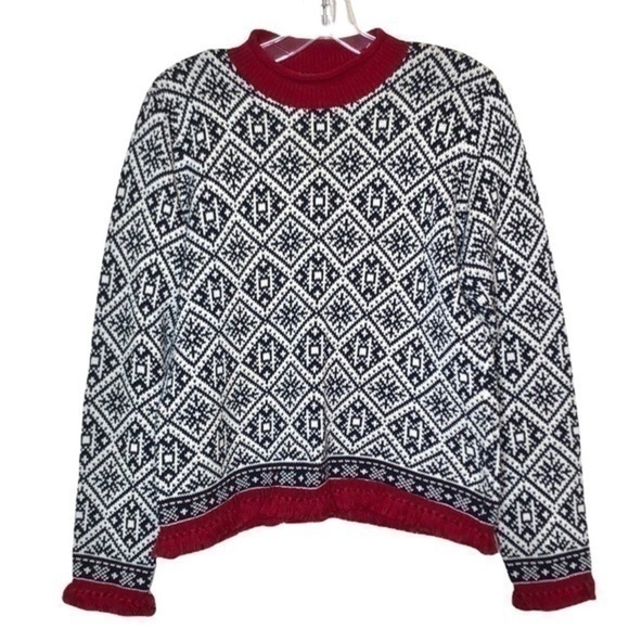 Talbots Black and White Nordic Fair Isle Snowflake Sweater with Red Fringe Small - Picture 3 of 9